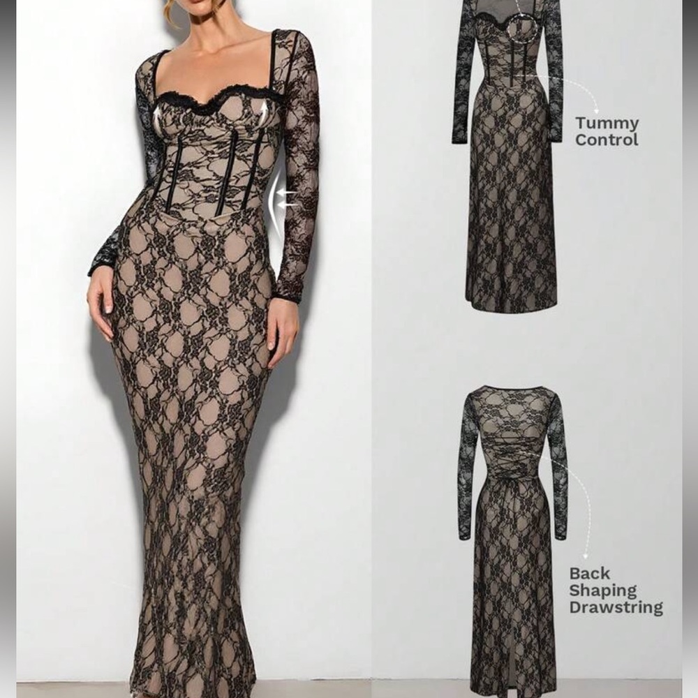 Black Lace Overlay Bustier Corset maxi Dress